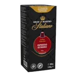 Gran Maestro Italiano - Espresso Estremo - 20 Cups -Koffie Winkel cw211644 gmi capsules 20st beyers espresso estremo angled