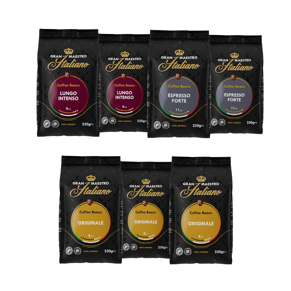 Gran Maestro Italiano - Proefpakket Koffiebonen - 7 X 250GR 1 Gran Maestro Italiano - Proefpakket Koffiebonen - 7 X 250GR